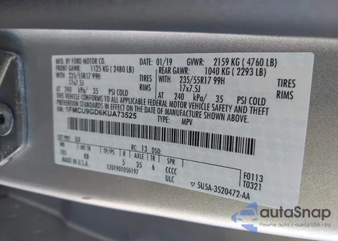 2019 Ford Escape Se из США, поврежденный, VIN 1FMCU9GD6KUA73525